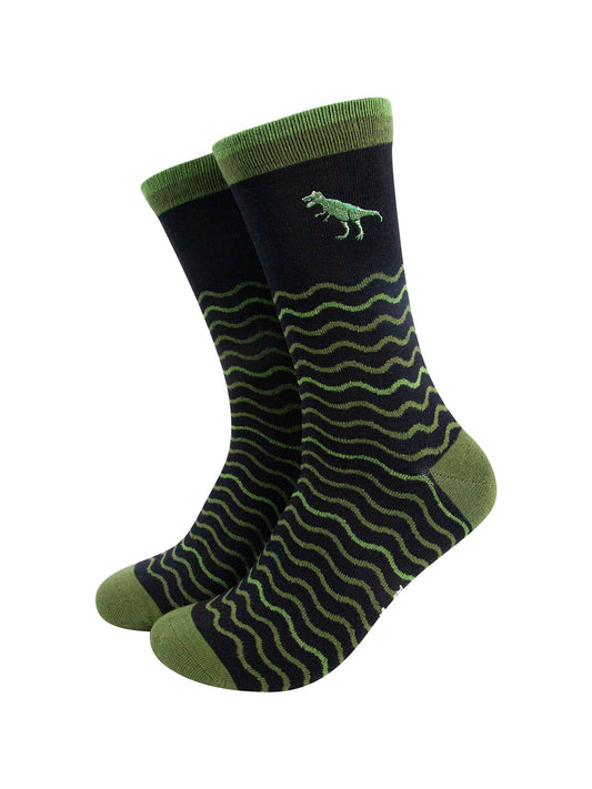 Embroidered-T-Rex-Wavy-Striped-Combed-Cotton-Socks-in-Black/Green-Mannequin