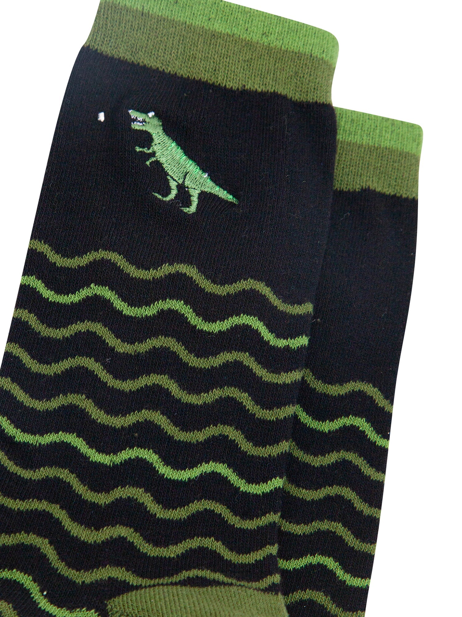 Embroidered-T-Rex-Wavy-Striped-Combed-Cotton-Socks-in-Black/Green-Closeup