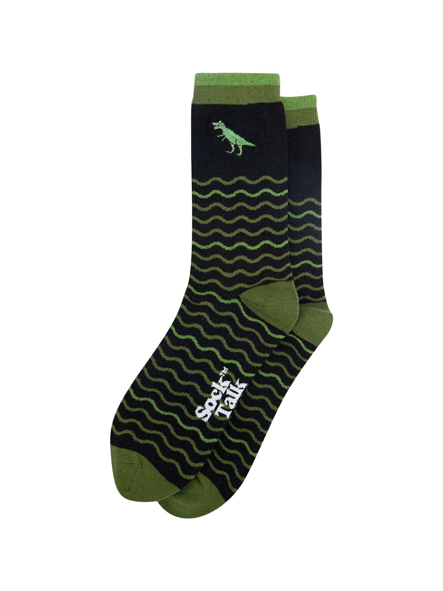 Embroidered-T-Rex-Wavy-Striped-Combed-Cotton-Socks-in-Black/Green-Lying-Flat
