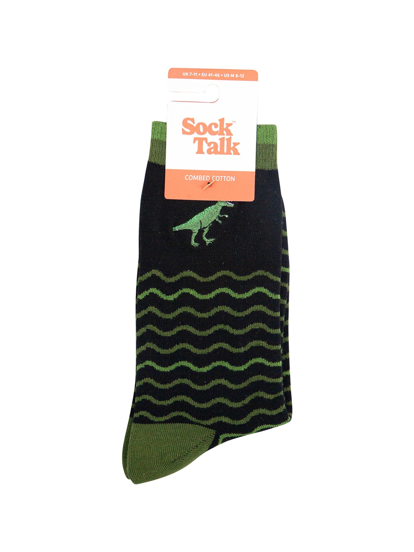 Embroidered-T-Rex-Wavy-Striped-Combed-Cotton-Socks-in-Black/Green-In-Packaging