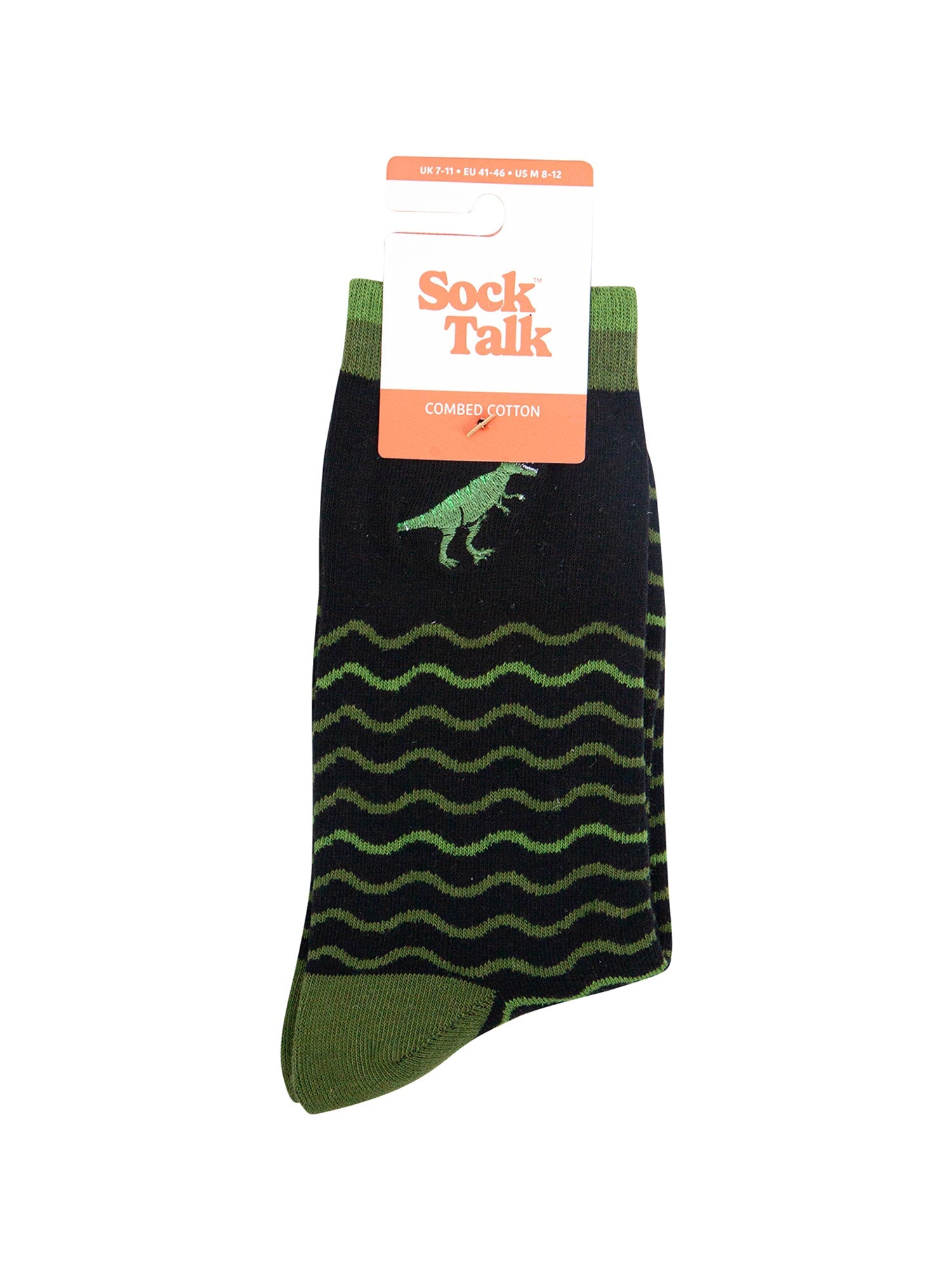 Embroidered-T-Rex-Wavy-Striped-Combed-Cotton-Socks-in-Black/Green-In-Packaging