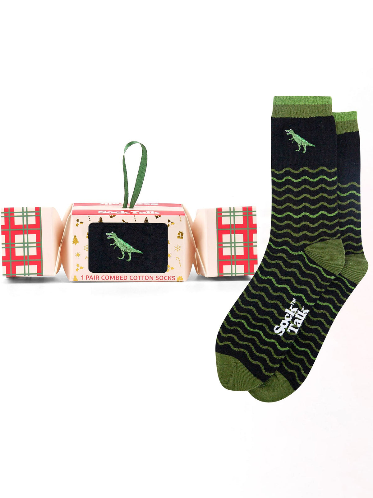 T-Rex-Embroidered-Combed-Cotton-Crew-Socks-Christmas-Cracker-Gift-Box-in-Black/Green