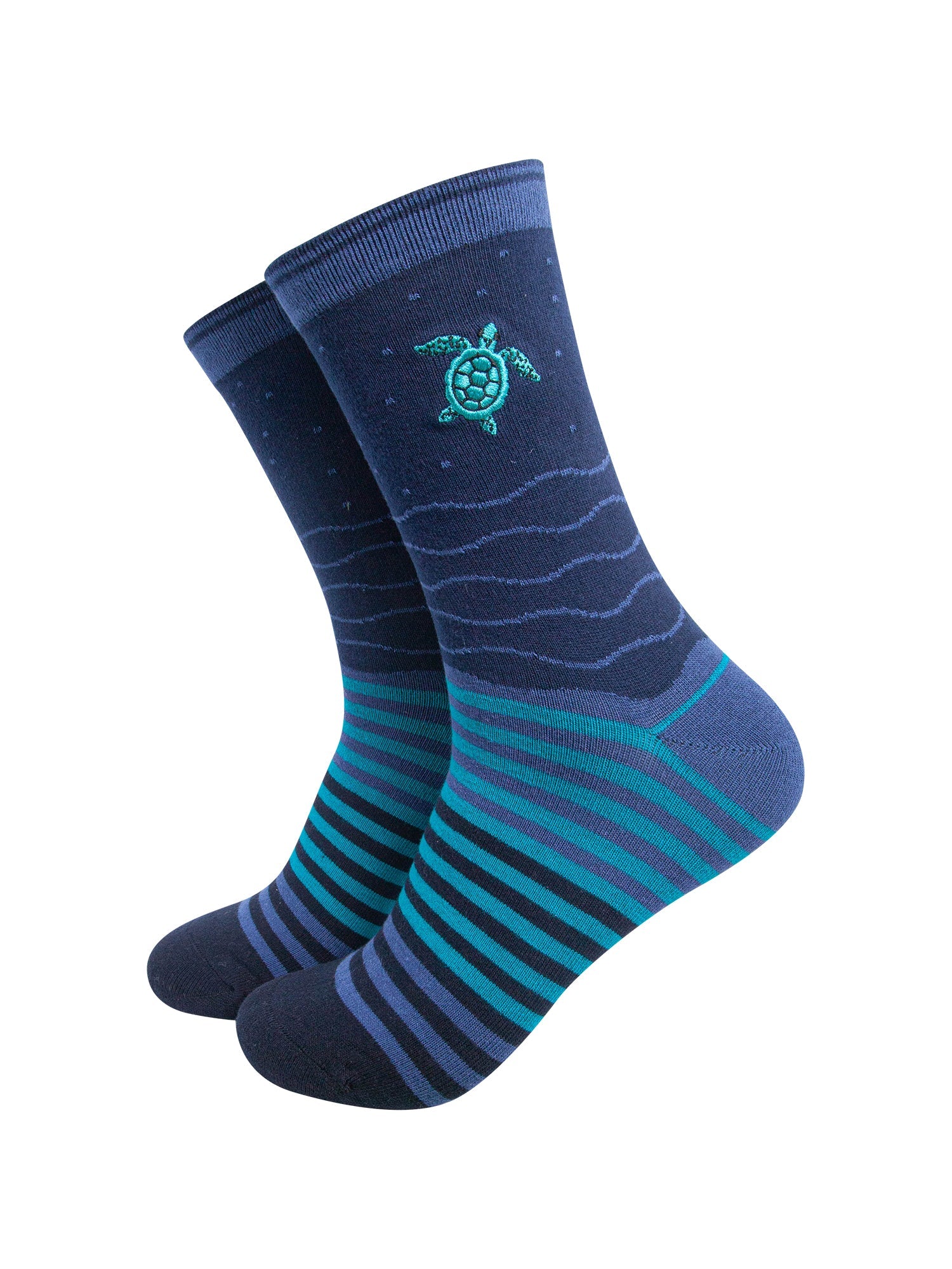 Seagull-Combed-Cotton-Pattern-Embroidered-Socks-in-Teal/Navy-Blue-On-Mannequin