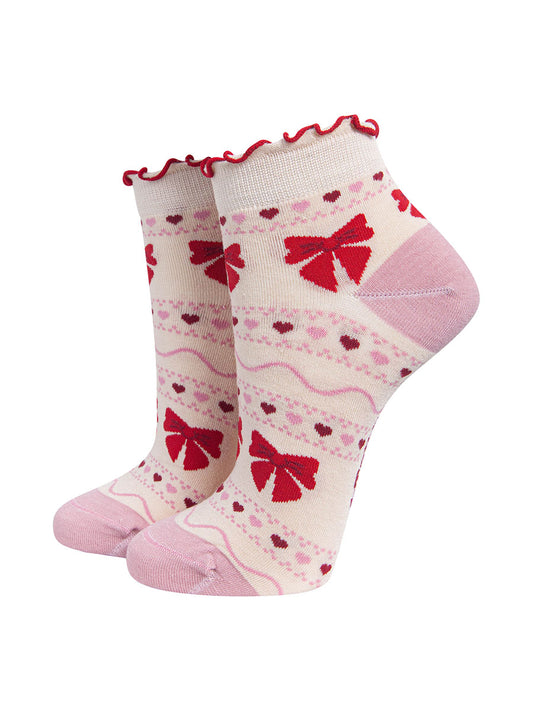 Bow Fair Isle Women's Bamboo Trainer Socks in Cream