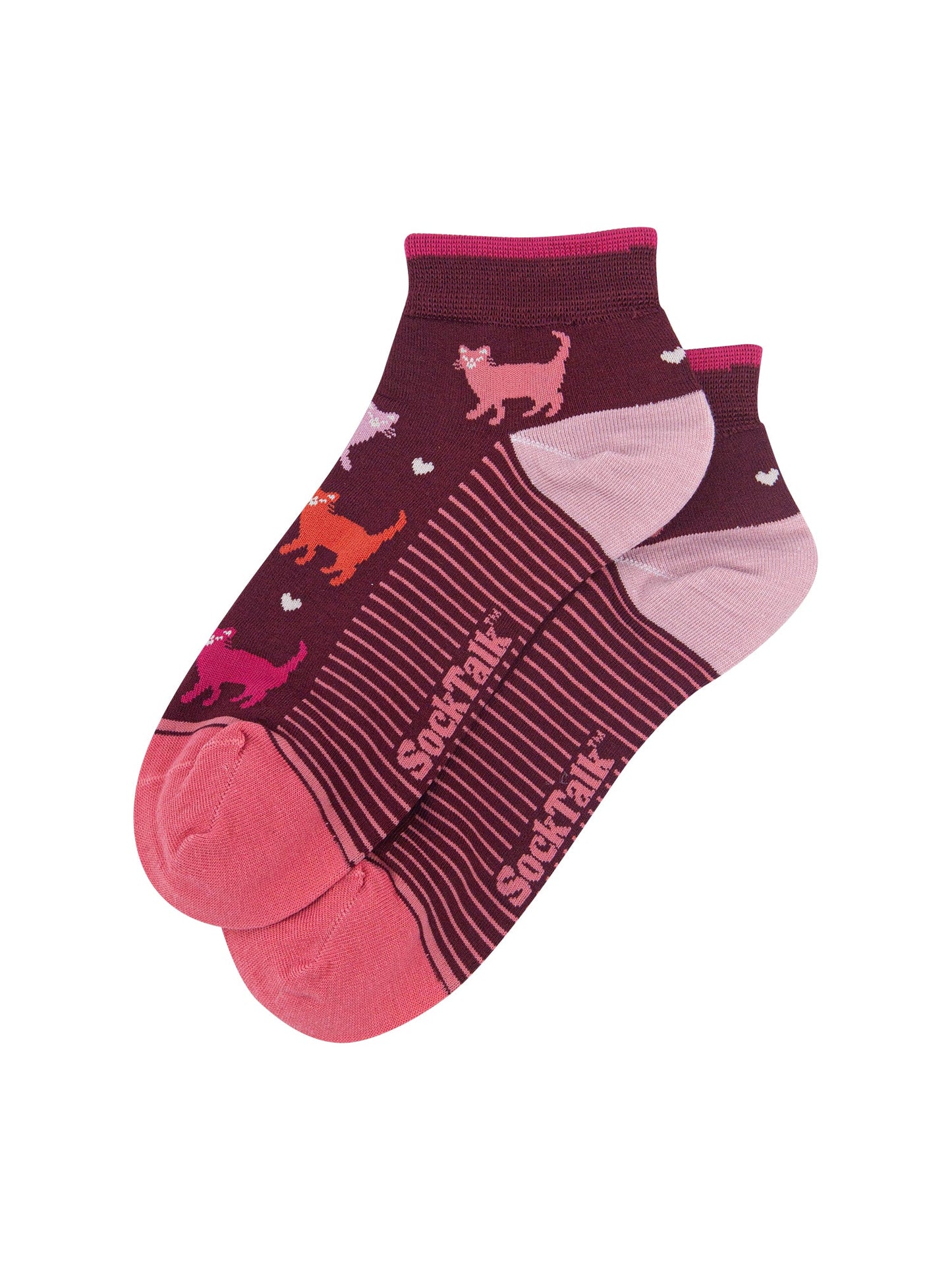 Multi-Cat-Women's-Bamboo-Trainer-Socks-in-Burgundy-Laid-Flat