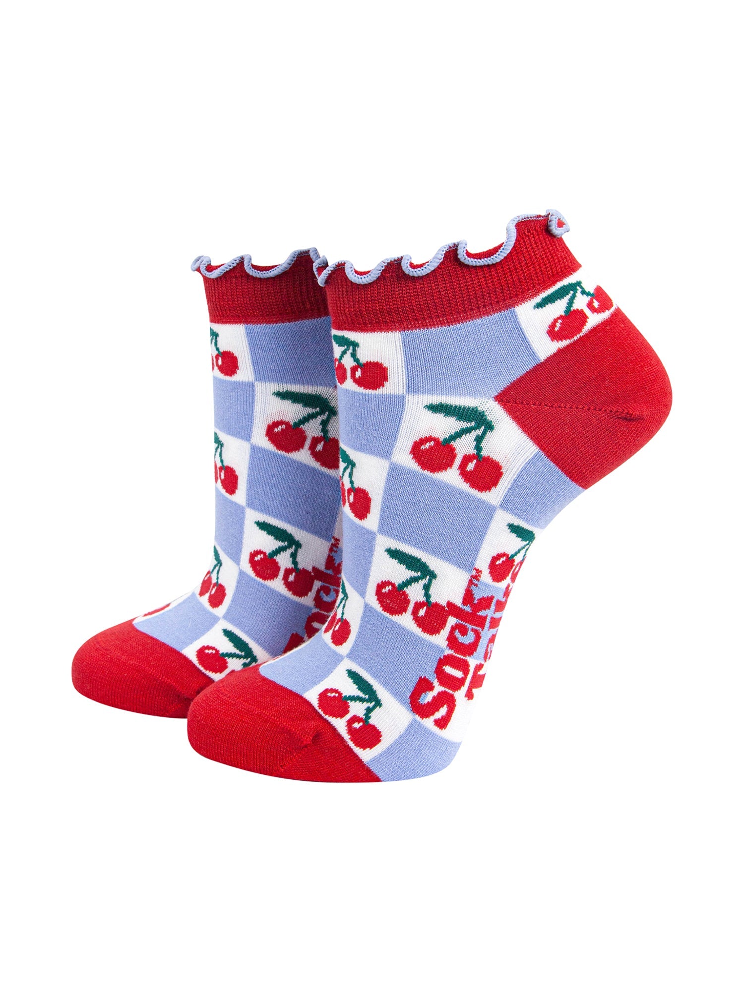 Cherry-Checkerboard-Bamboo-Trainer-Socks-in-Blue-On-Mannequin