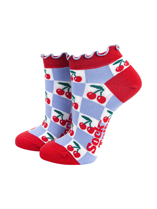 Cherry-Checkerboard-Bamboo-Trainer-Socks-in-Blue-On-Mannequin