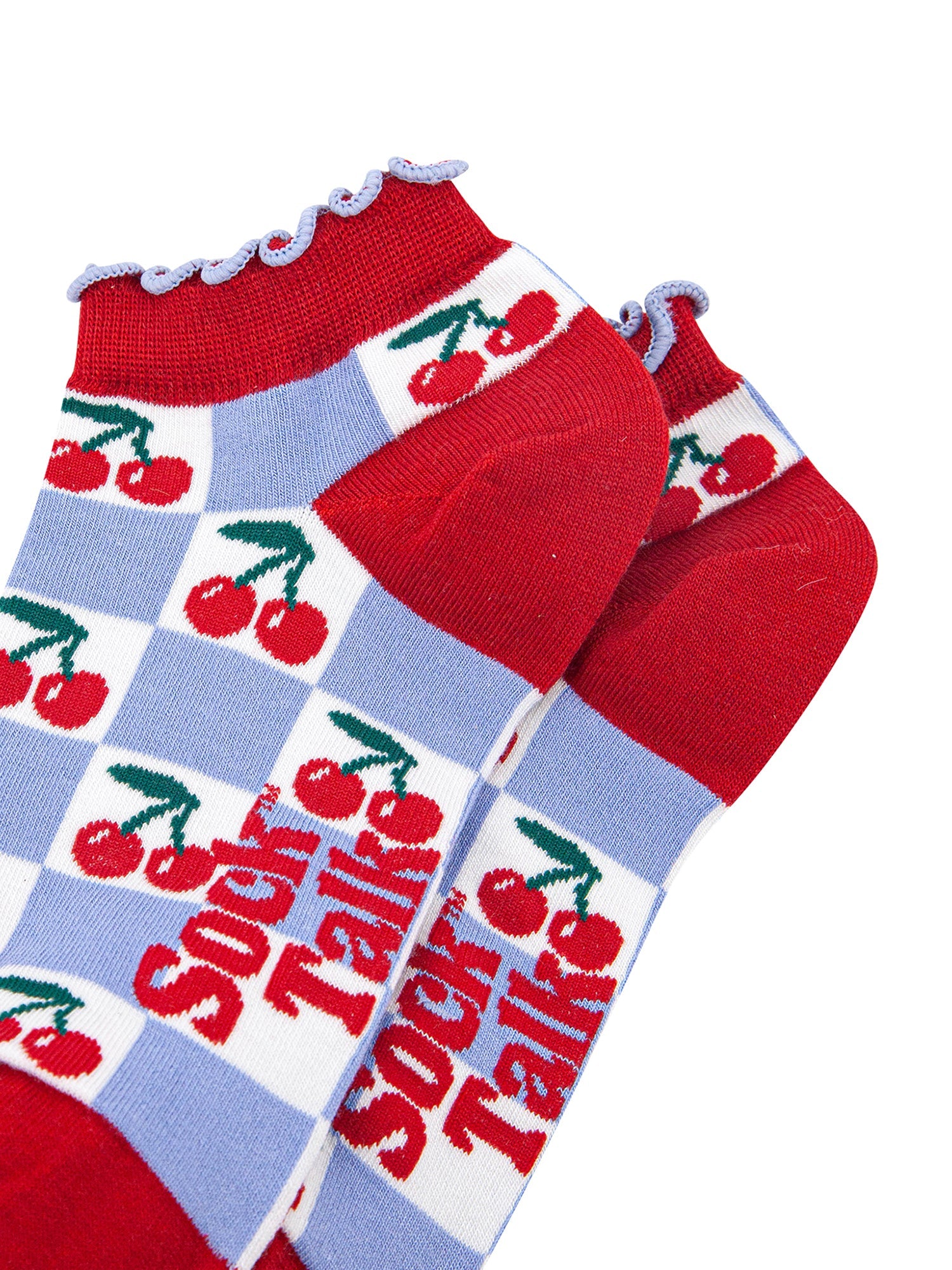 Cherry-Checkerboard-Bamboo-Trainer-Socks-in-Blue-Close-Up