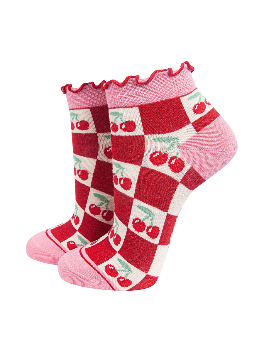 Cherry Squares Women's Bamboo Trainer Socks in Red