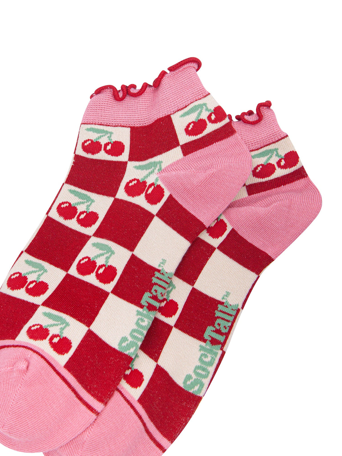Cherry-Squares-Women's-Bamboo-Trainer-Socks-in-Red-Close-Up