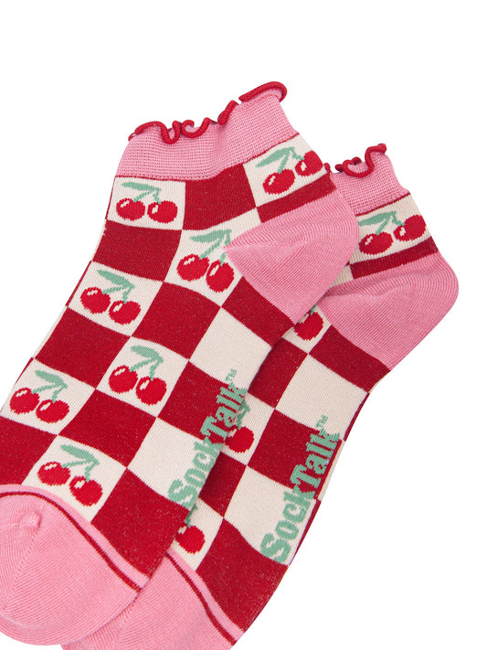 Cherry-Squares-Women's-Bamboo-Trainer-Socks-in-Red-Close-Up