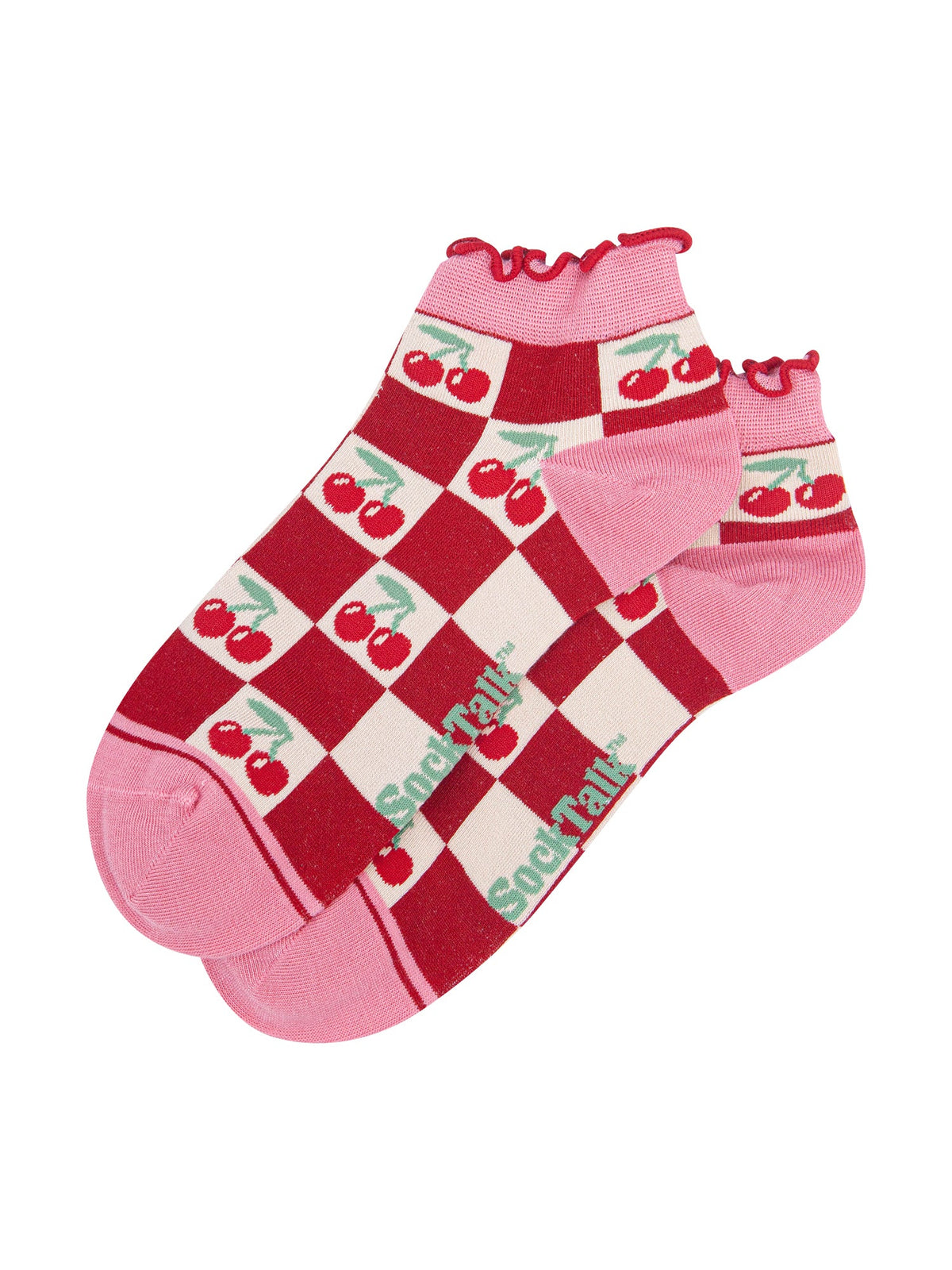 Cherry-Squares-Women's-Bamboo-Trainer-Socks-in-Red-Laid-Flat