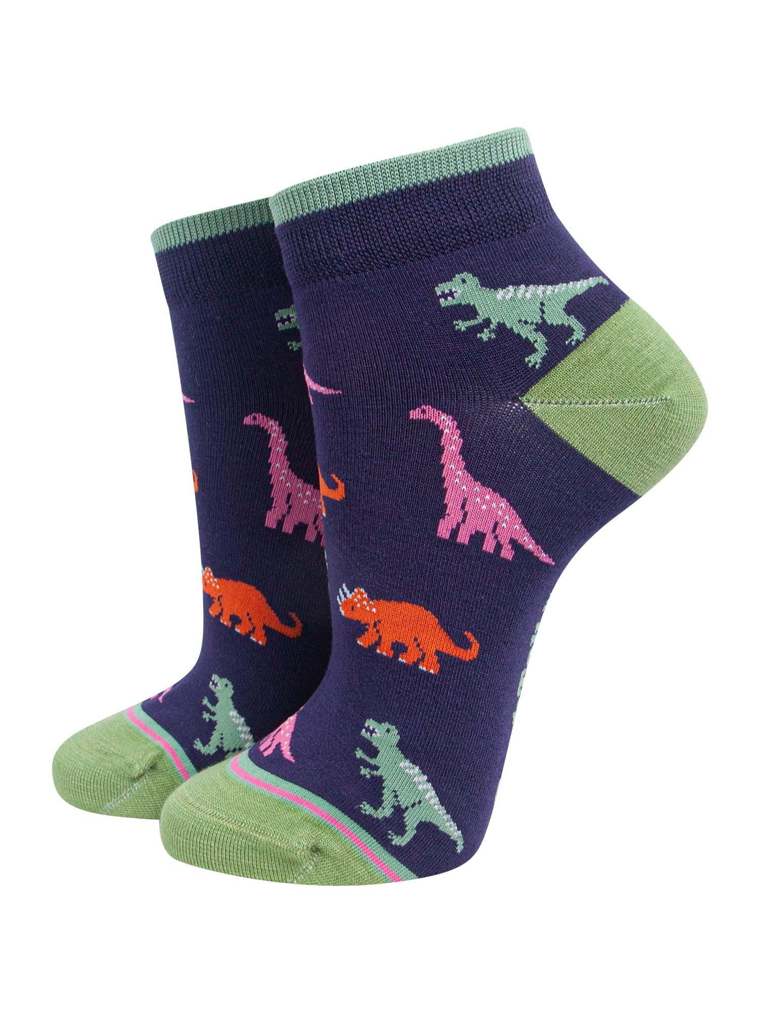 Dinosaur-Women's-Bamboo-Trainer-Socks-in-Navy-Blue-On-Mannequin