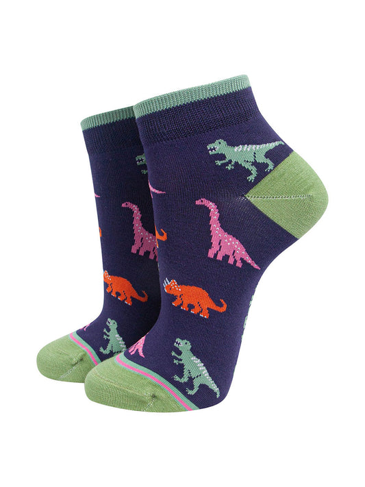 Dinosaur Women's Bamboo Trainer Socks in Navy Blue
