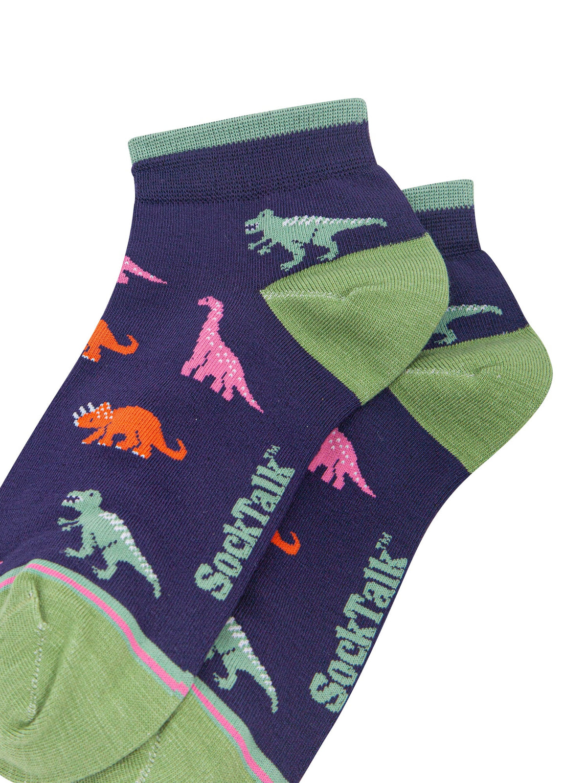 Dinosaur-Women's-Bamboo-Trainer-Socks-in-Navy-Blue-Close-Up