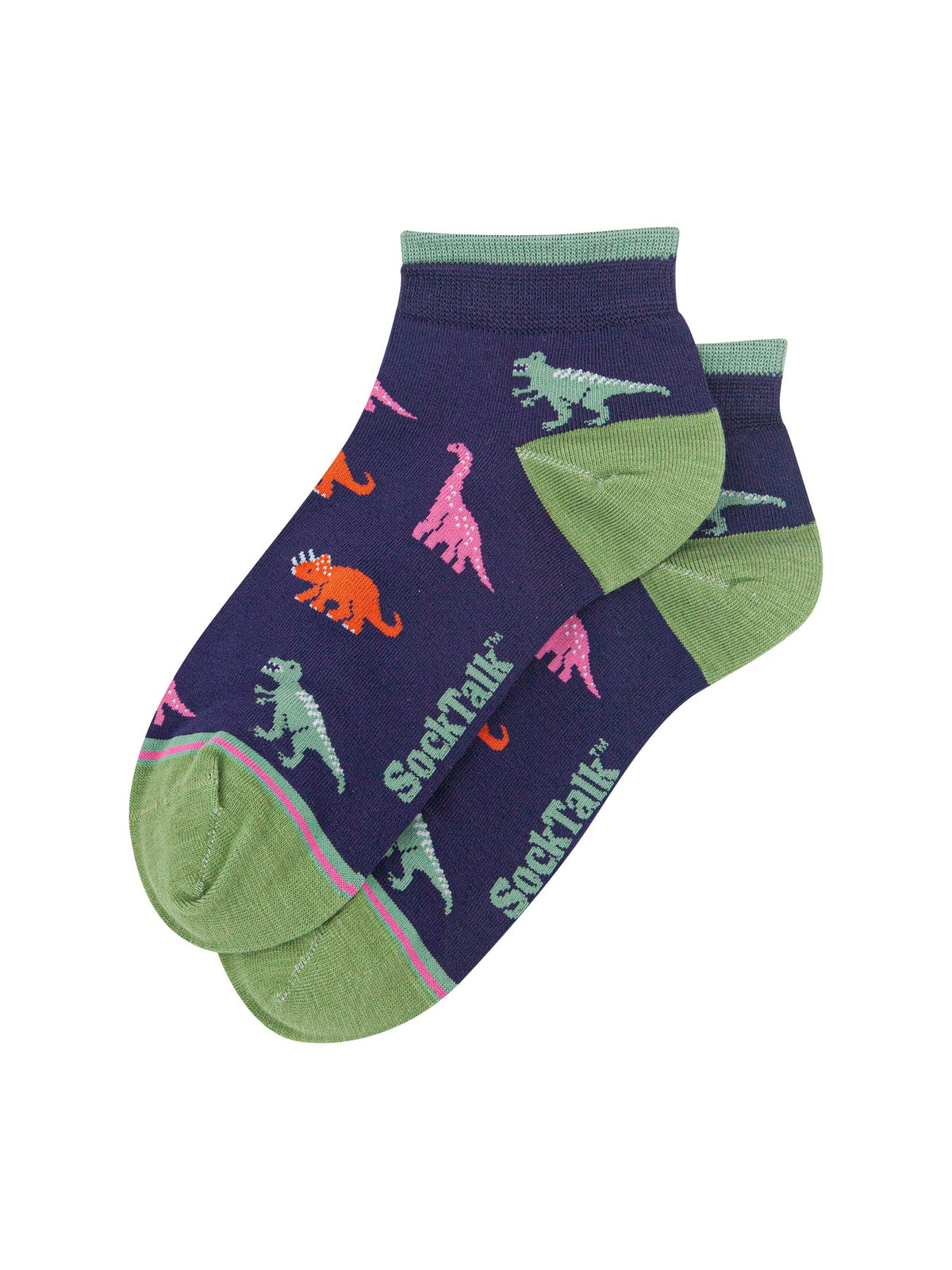 Dinosaur-Women's-Bamboo-Trainer-Socks-in-Navy-Blue-Laid-Flat
