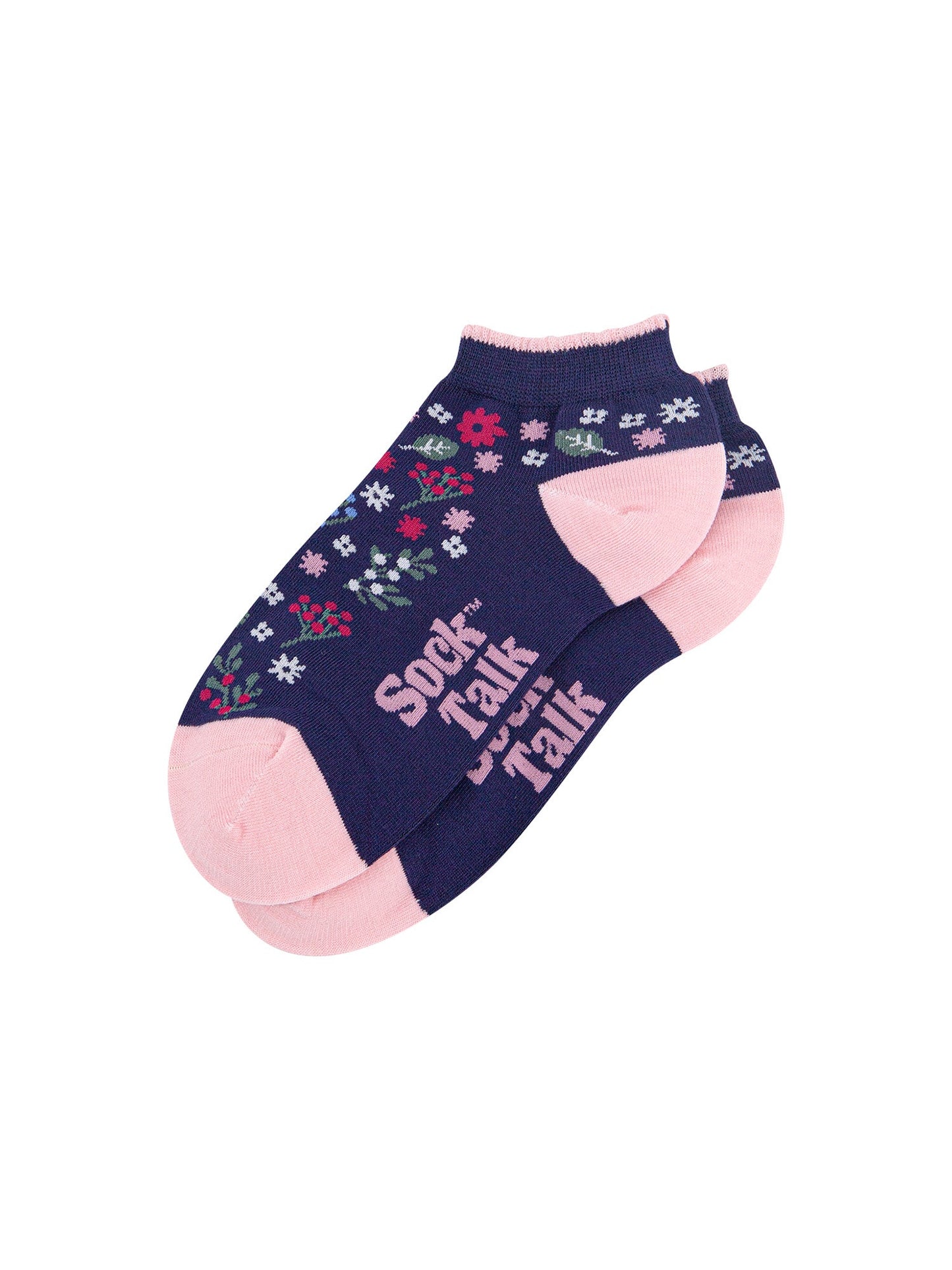 Wildflowers-Bamboo-Trainer-Socks-in-Navy-Blue-Lying-Flat
