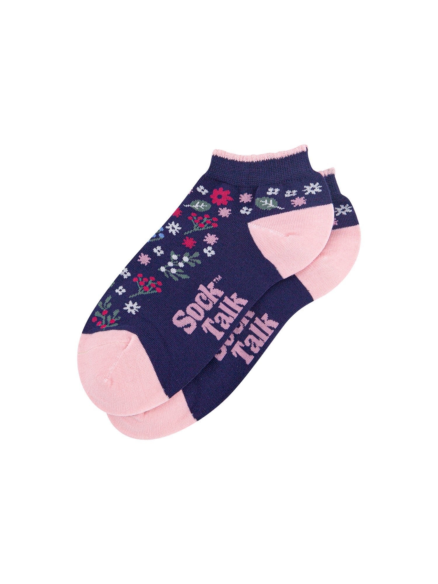 Wildflowers-Bamboo-Trainer-Socks-in-Navy-Blue-Lying-Flat