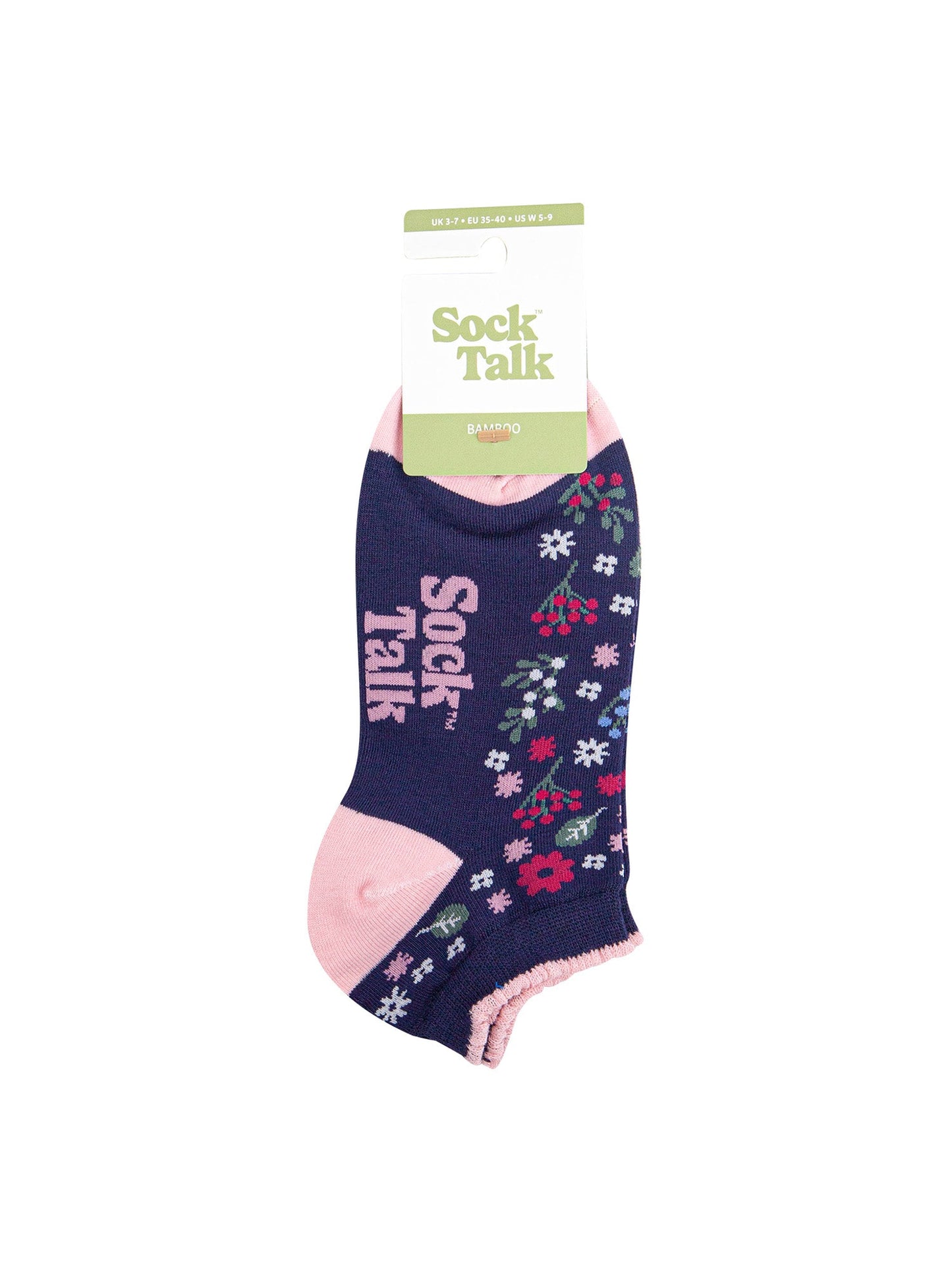 Wildflowers-Bamboo-Trainer-Socks-in-Navy-Blue-In-Packaging
