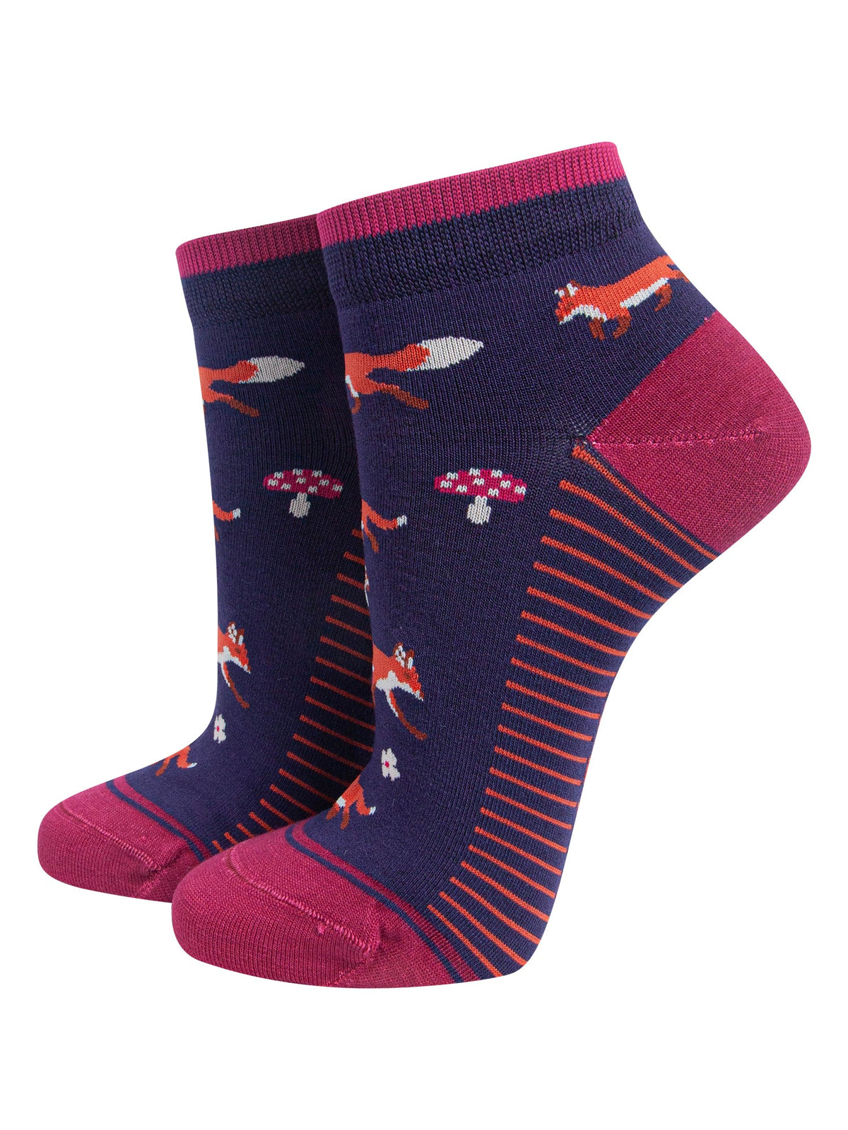 Fox-Women's-Bamboo-Trainer-Socks-in-Navy-Blue-On-Mannequin