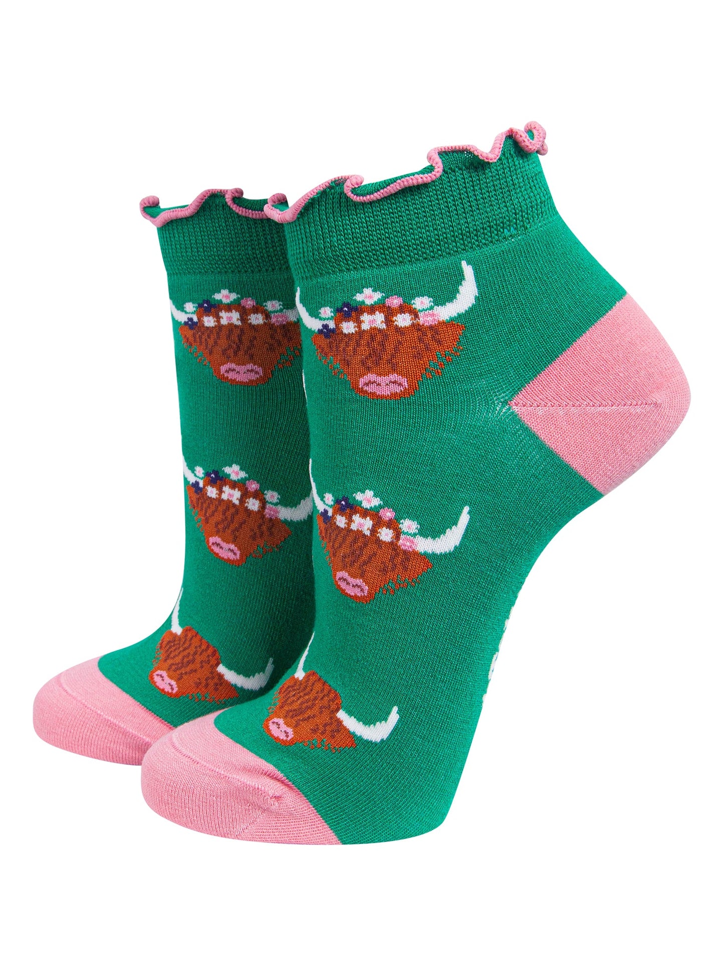Highland-Cow-Women's-Bamboo-Trainer-Socks-in-Green-On-Mannequin