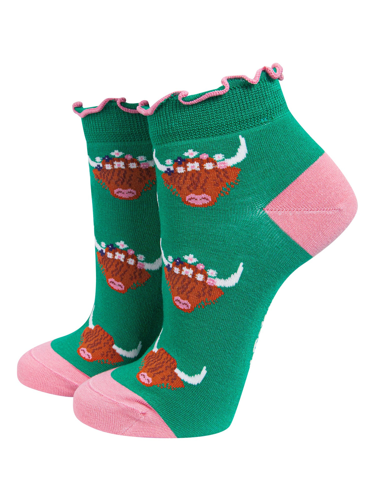 Highland-Cow-Women's-Bamboo-Trainer-Socks-in-Green-On-Mannequin
