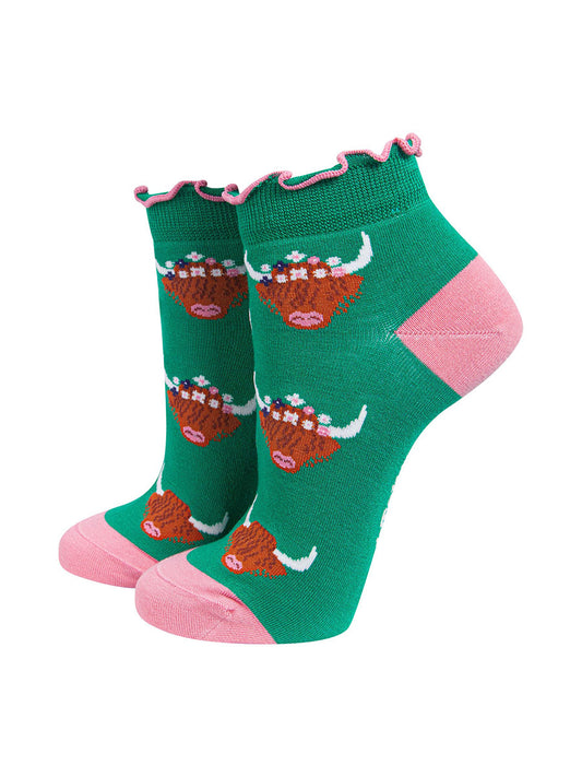 Highland Cow Women's Bamboo Trainer Socks in Green