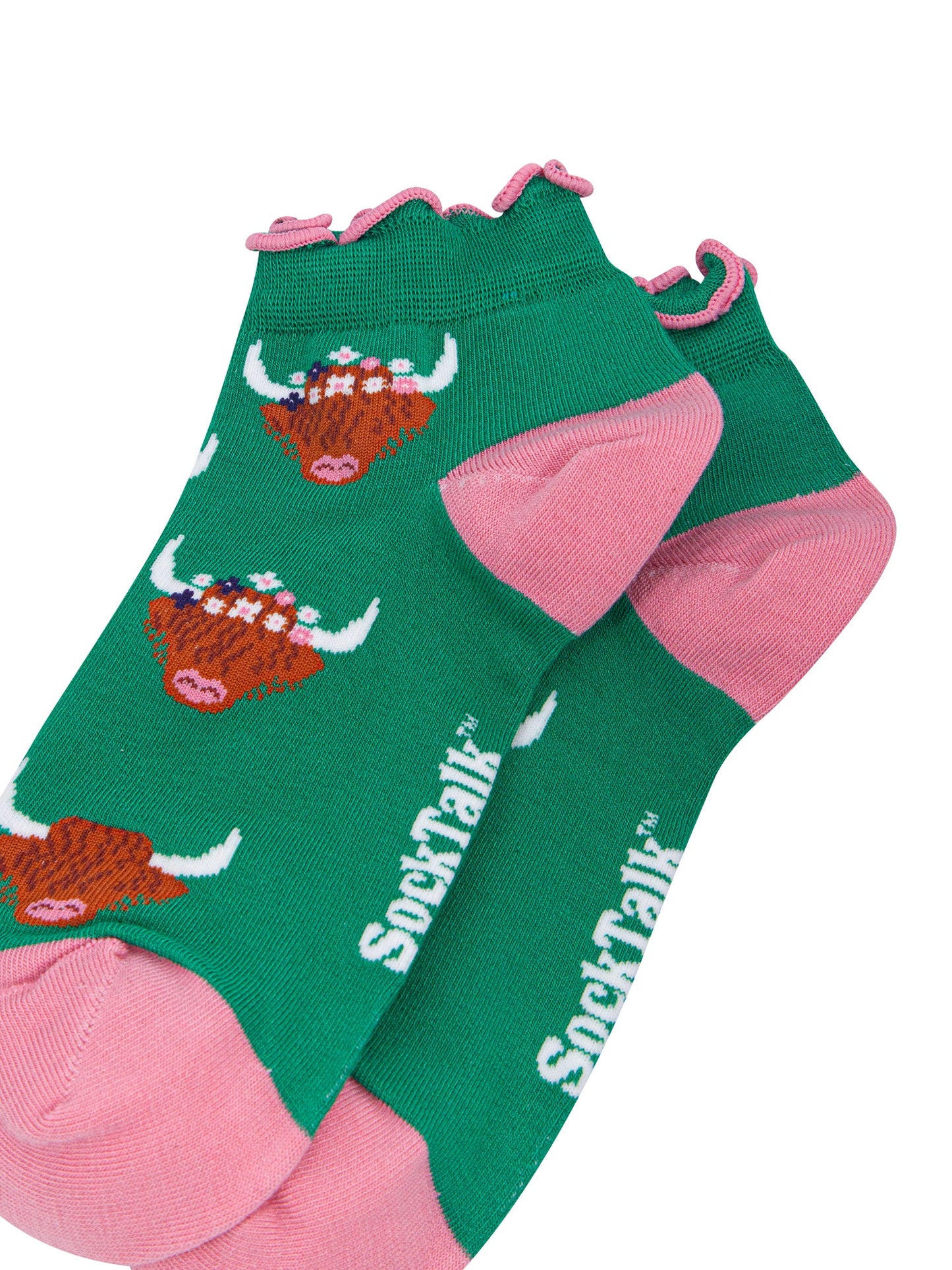 Highland-Cow-Women's-Bamboo-Trainer-Socks-in-Green-Close-Up