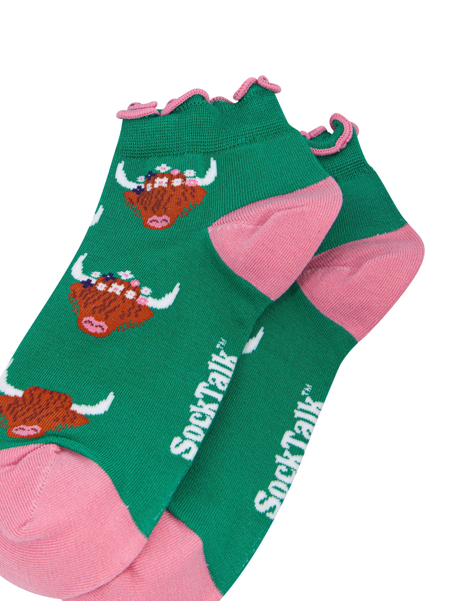 Highland-Cow-Women's-Bamboo-Trainer-Socks-in-Green-Close-Up