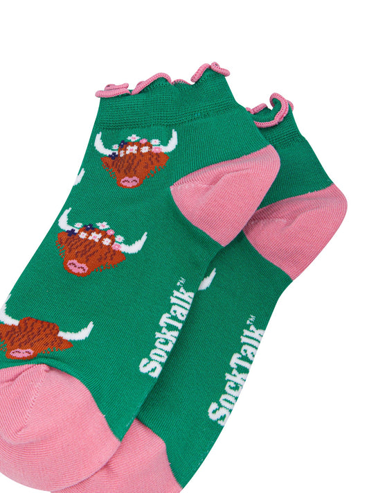 Highland-Cow-Women's-Bamboo-Trainer-Socks-in-Green-Close-Up