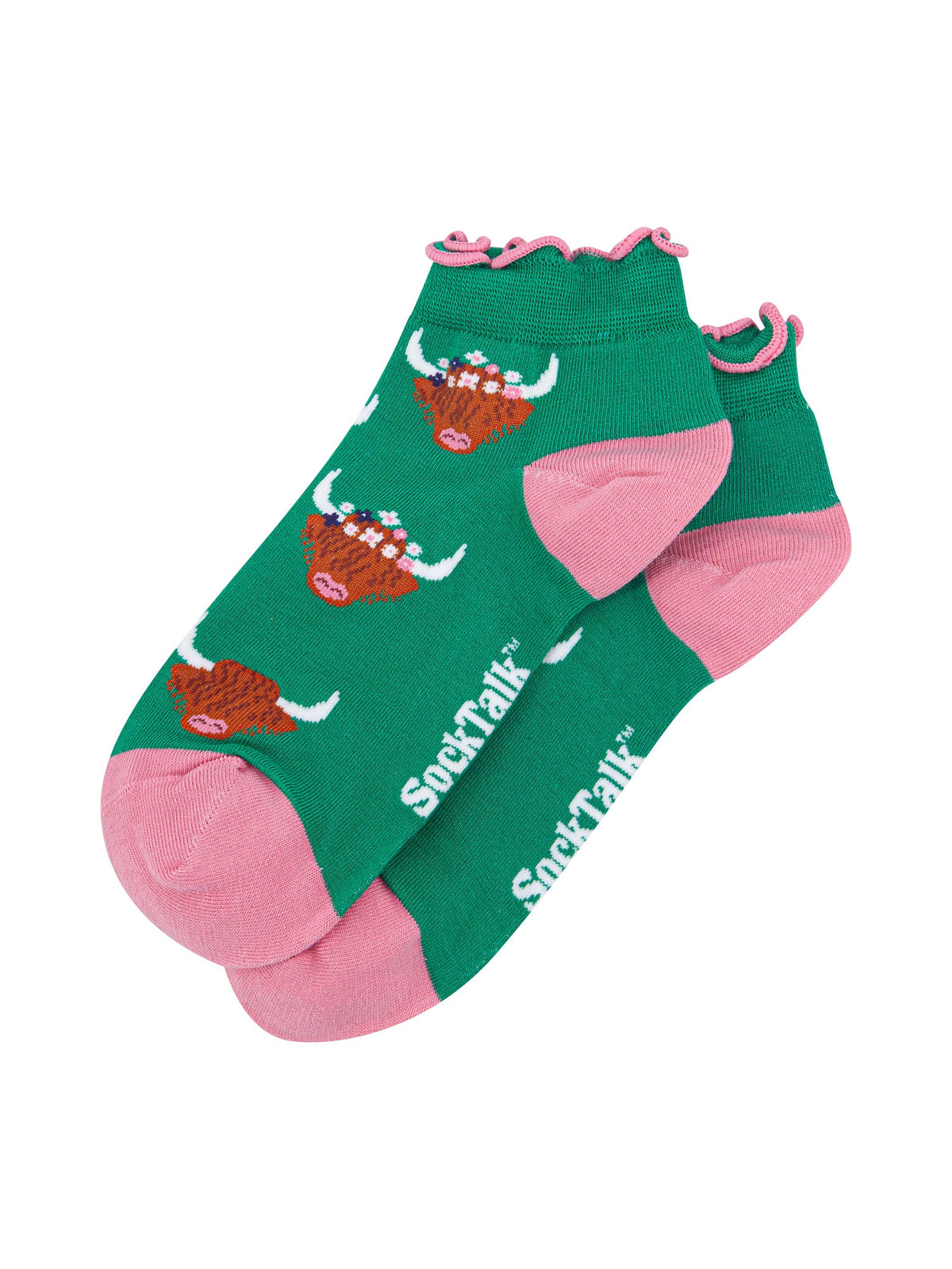 Highland-Cow-Women's-Bamboo-Trainer-Socks-in-Green-Laid-Flat