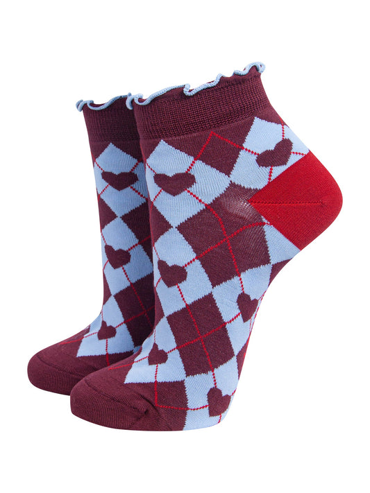 Heart-Argyle-Women's-Bamboo-Trainer-Socks-in-Burgundy/Blue-On-Mannequin