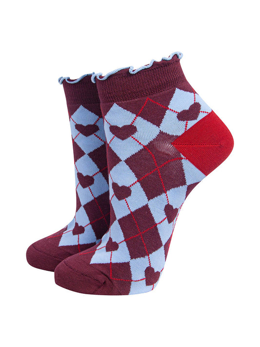 Heart Argyle Women's Bamboo Trainer Socks in Burgundy/Blue