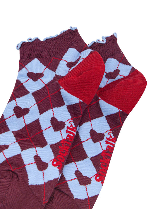 Heart-Argyle-Women's-Bamboo-Trainer-Socks-in-Burgundy/Blue-Close-Up