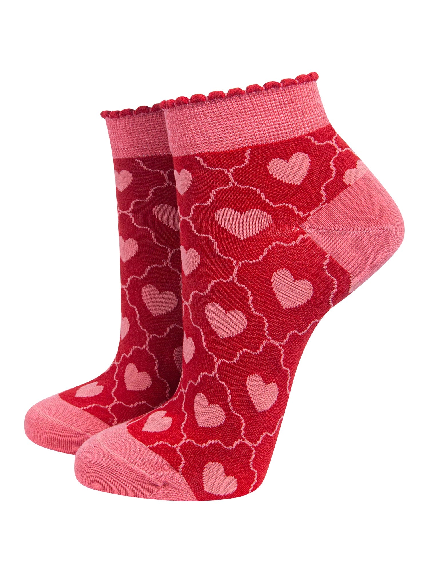 Heart-Women's-Bamboo-Trainer-Socks-in-Red-On-Mannequin