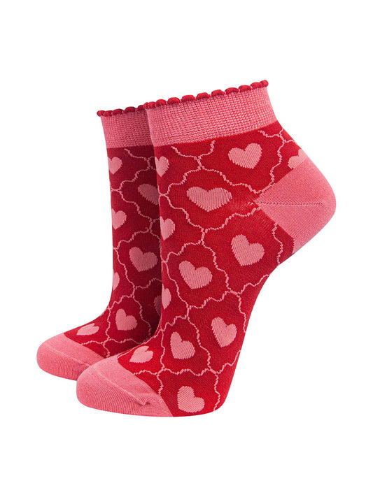 Heart Women's Bamboo Trainer Socks in Red
