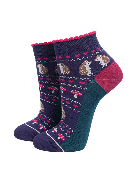 Hedgehog Women's Bamboo Trainer Socks in Navy Blue