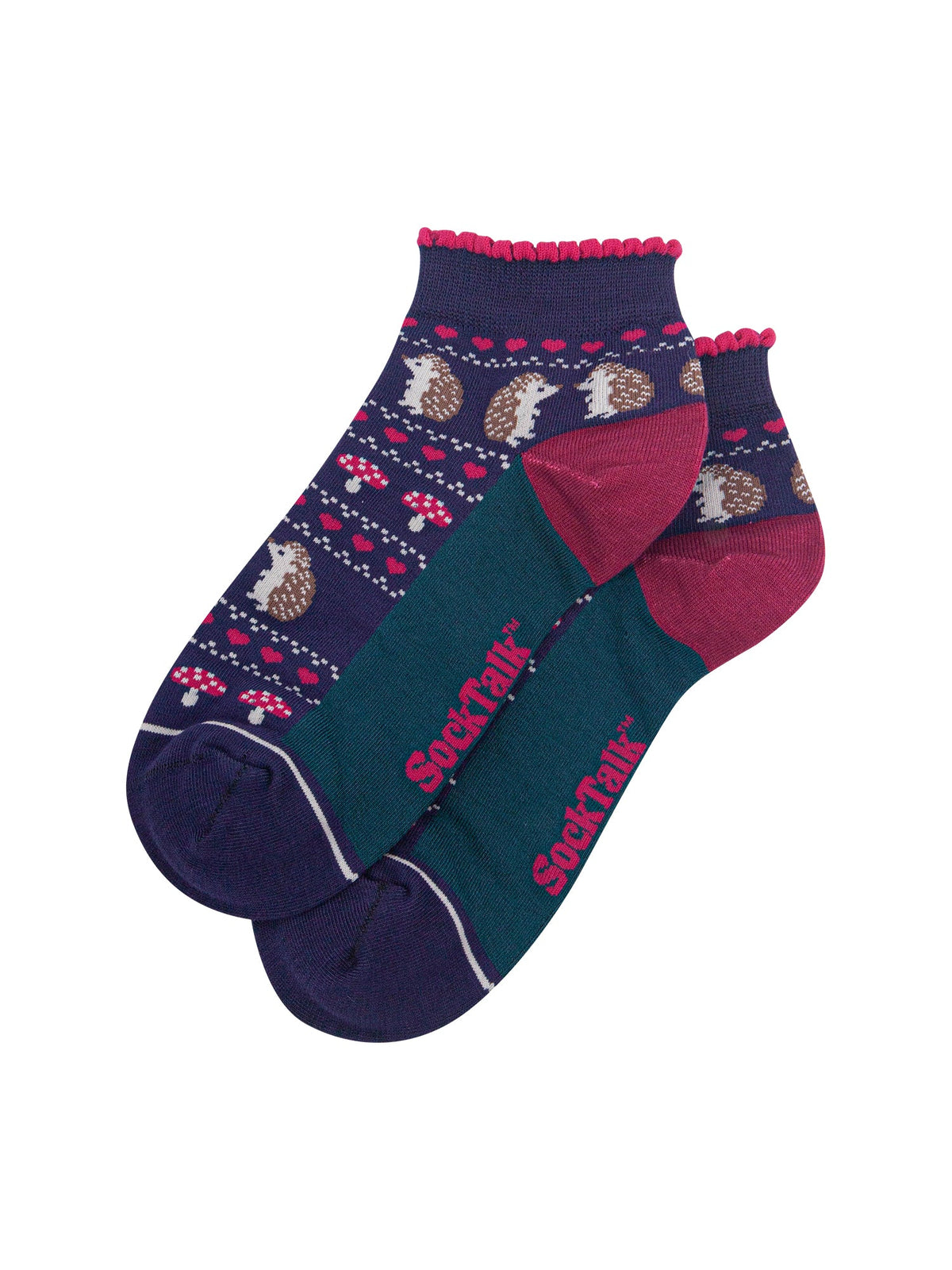 Hedgehog-Women's-Bamboo-Trainer-Socks-in-Navy-Blue-Laid-Flat