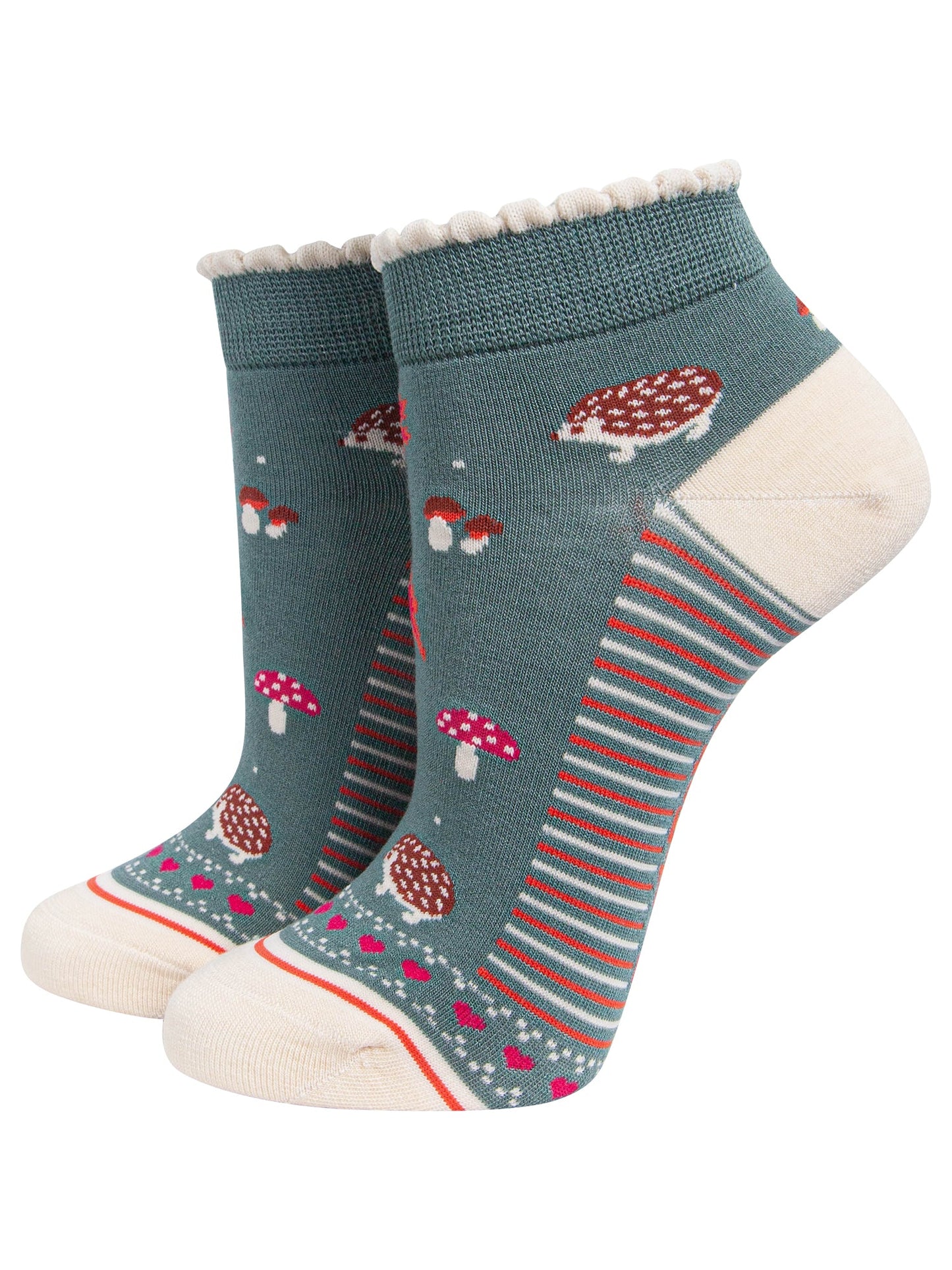 Hedgehog-Women's-Bamboo-Trainer-Socks-in-Sage-Green-On-Mannequin
