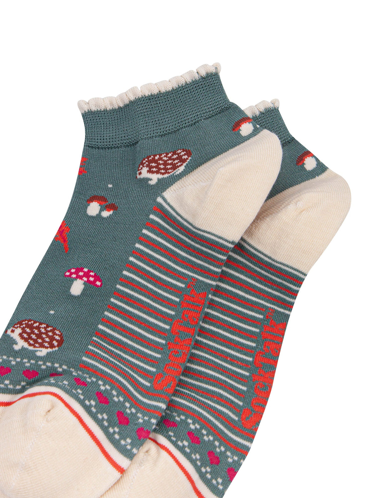 Hedgehog-Women's-Bamboo-Trainer-Socks-in-Sage-Green-Close-Up