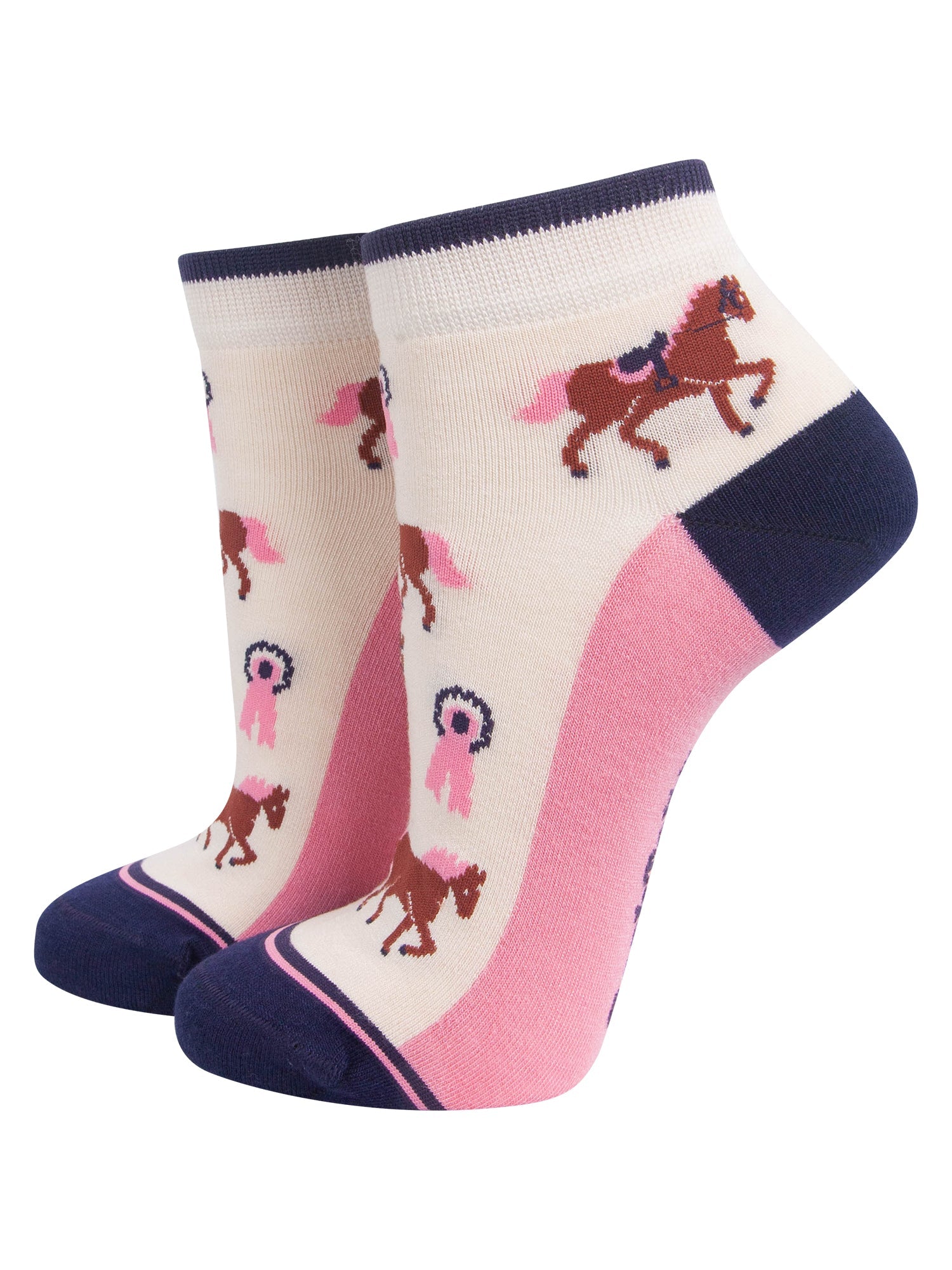 Horse-Riding-Women's-Bamboo-Trainer-Socks-in-Cream-On-Mannequin