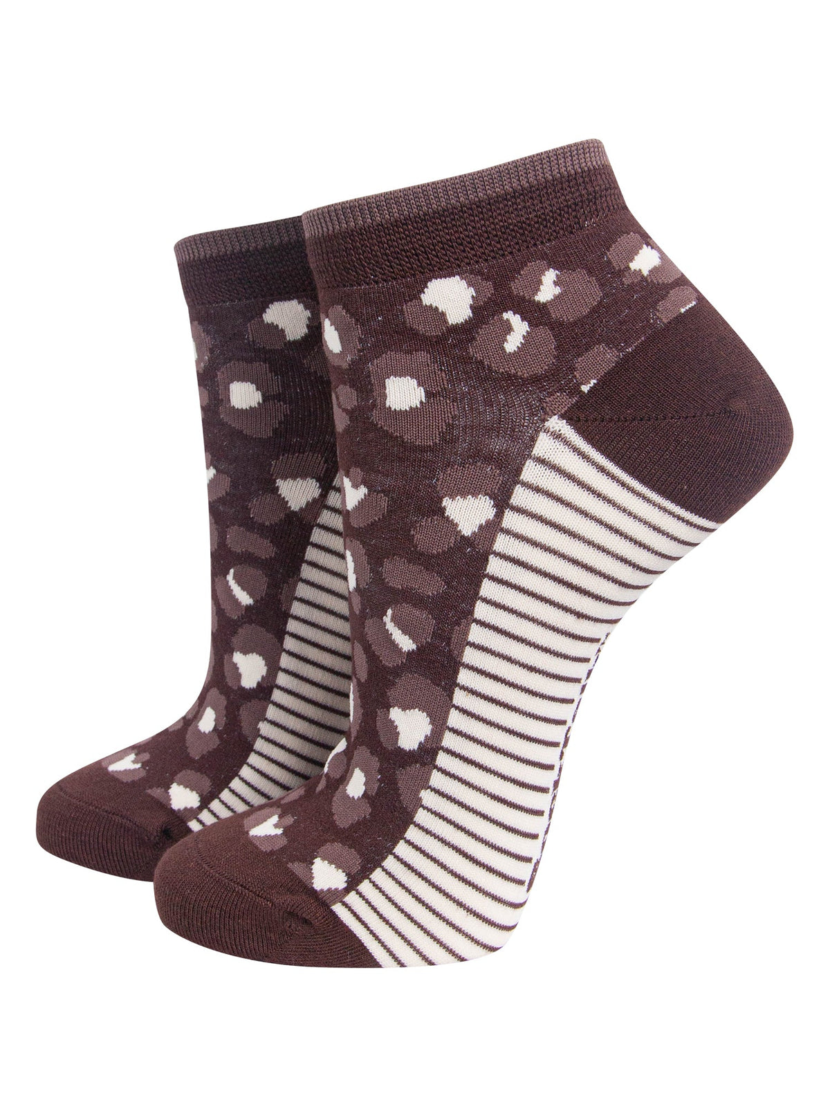 Leopard-Print-Women's-Bamboo-Trainer-Socks-in-Brown-On-Mannequin