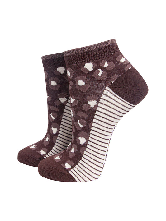 Leopard Print Women's Bamboo Trainer Socks in Brown