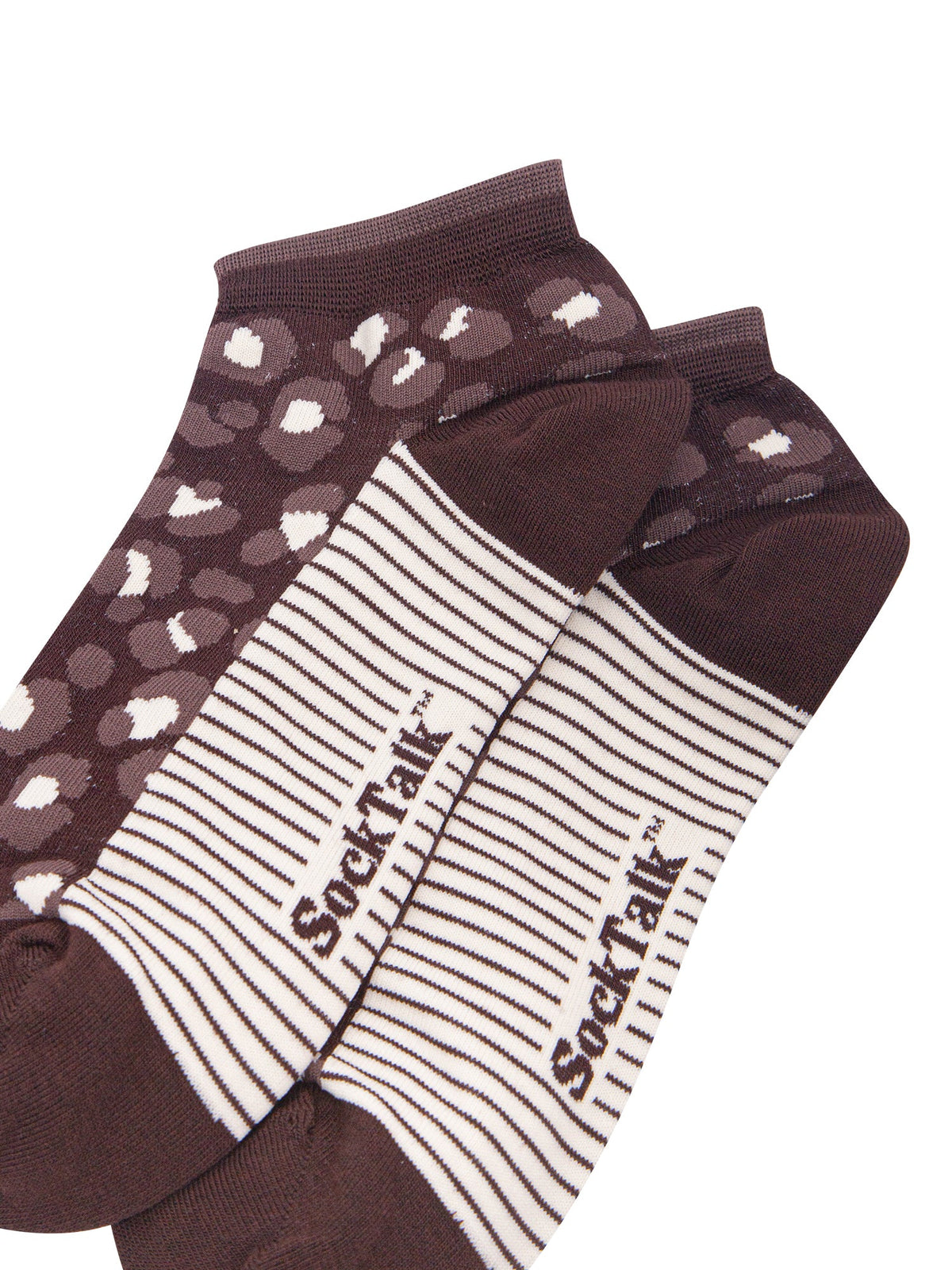 Leopard-Print-Women's-Bamboo-Trainer-Socks-in-Brown-Close-Up