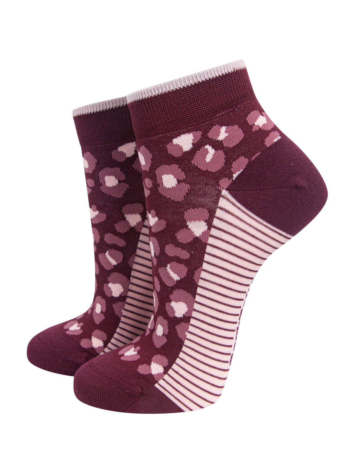 Leopard-Print-Women's-Bamboo-Trainer-Socks-in-Burgundy-On-Mannequin