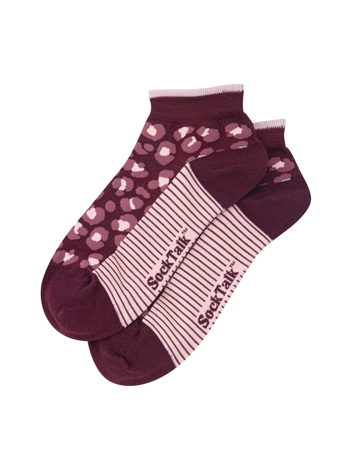 Leopard-Print-Women's-Bamboo-Trainer-Socks-in-Burgundy-Laid-Flat