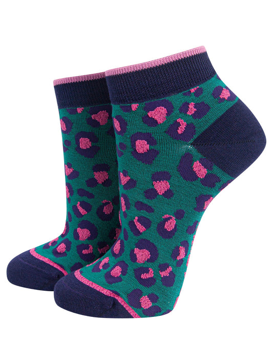 Leopard-Print-Women's-Bamboo-Trainer-Socks-in-Forest-Green-On-Mannequin