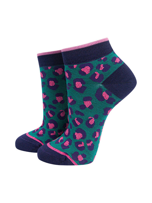 Leopard Print Women's Bamboo Trainer Socks in Forest Green