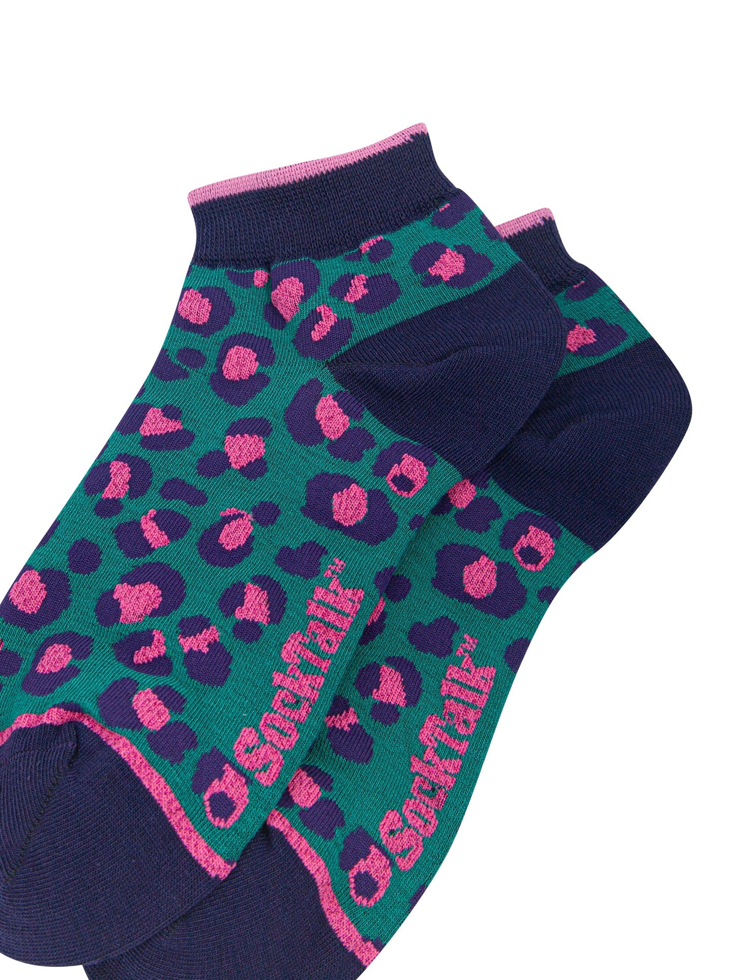 Leopard-Print-Women's-Bamboo-Trainer-Socks-in-Forest-Green-Close-Up