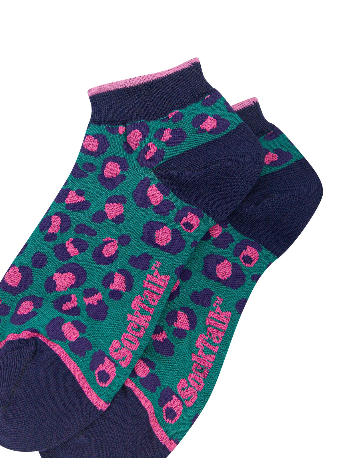 Leopard-Print-Women's-Bamboo-Trainer-Socks-in-Forest-Green-Close-Up